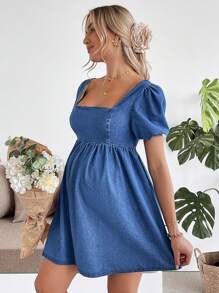 SHEIN Maternity Blue Denim Puff Sleeve Casual Mini Dress Sweet Bubble Sleeve Loose Fit Blue Dress,Bow Dress,Renaissance Dress,Backless/ Open Back ,Summer/Summer Outfits For Women,Suitable For Parties, Holidays, Dates, Valentine's Day, Afternoon Tea,Spring Outfits For Women / Spring,Summer Outfits For Women / Summer / Summer Clothes / Cute Summer Tops,Easter Dress / Easter / Easter Outfit Women,Concert Outfit Women / Rave Outfits / Rave Outfits Festival / Country Concert Outfit / Nashville Outfits / Ibiza Outfits,Western Wear Women / Western / Western Clothes For Women,Cowgirl Outfits For Women / Rodeo Outfits For Women / Cowgirl Outfit,Beach Outfits For Woman / Beach, Brunch Outfits For Women