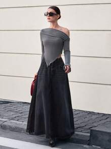 EURMUSE 100% Cotton High Waist Long Denim Skirt - Black - View 4