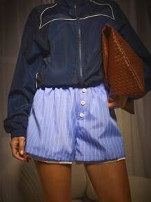 Athîral Kvinnor Casual Randiga Shorts med knäppning framtill, vardagskläder - Blå - Visa 1