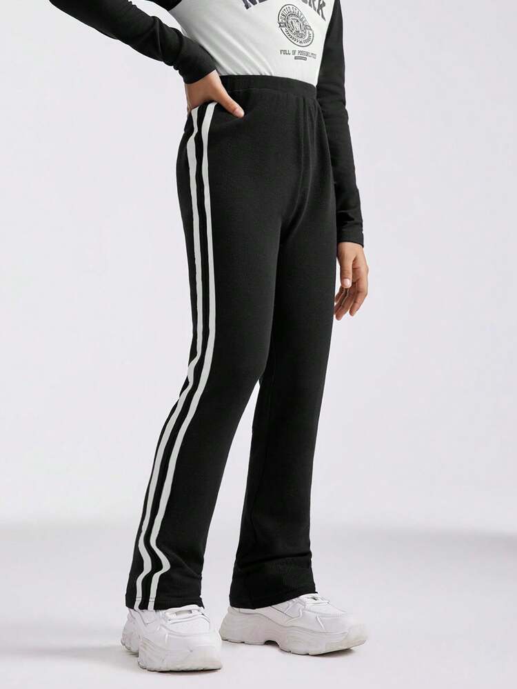 SHEIN Tween Girls Spring/Summer Casual Contrast Side Slouchy Leggings,Parent-Child Clothing - Black - View 6