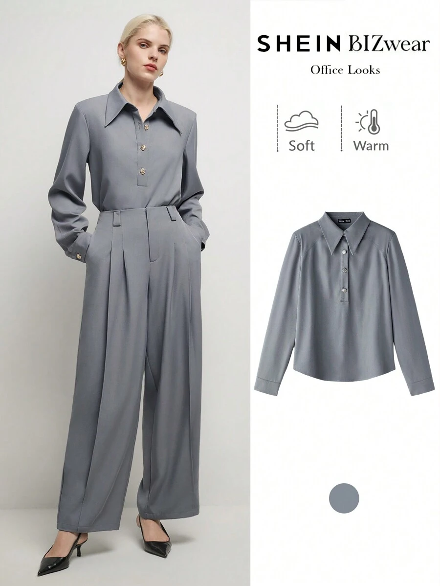 BizChic Women's Gray Collar Long Sleeve Shirt, Office/Commute Wear, Elegant For New Year, Date, Spring/Summer - Grey - View 1