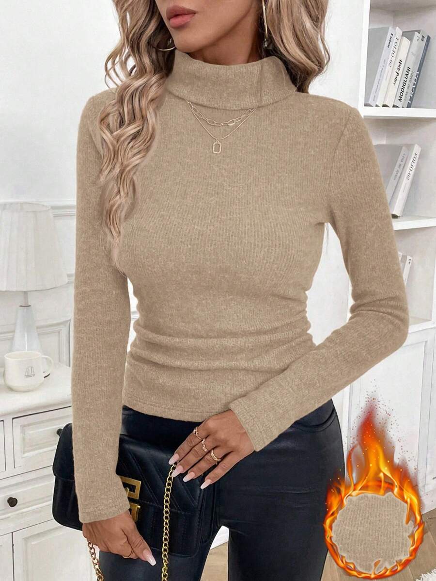 SHEIN Clasi 女士纯色高领长袖修身 T 恤，休闲日常穿着 - 杏色 - 查看 1