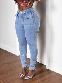 Slaydiva Women's Front Button Pocket Distressed Minimalist Casual Jeans - Blue - View 3