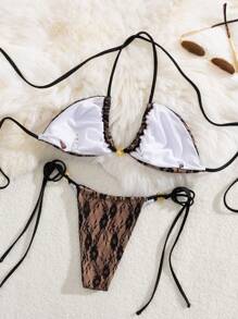 SHEIN X Sofía Suescun SHEIN Swim Springbreak Lace Sexy Sheer Metallic Accessories French Casual Versatile Ball Music Festival Swimwear Bikini 2 Pieces Set For Summer Beach Vacation - Multicolor - View 5