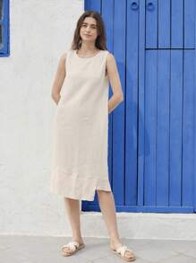 EMERY ROSE Women Solid Color Round Neck Loose Casual Midi Dress