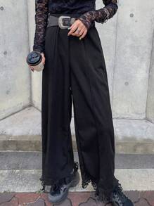 FRIFUL Women's Solid Color Mesh Patchwork Pocket Casual Simple Long Pants, Everyday Wear,Back To School Clothes - Black - View 2