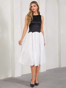 SHEIN Clasi 春夏情人节优雅女士黑白撞色连衣裙，上身采用黑色缎面和白色网眼拼接，收腰连衣裙，适合各种场合穿着 - 黑與白 - 查看 3