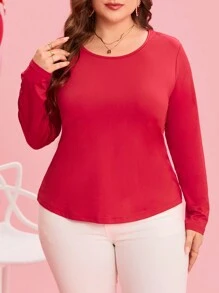 SHEIN Clasi Plus Size Lace Patchwork Long Sleeve Casual Red Hooded T-Shirt Valentines - Red - View 5
