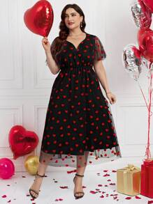 SHEIN Clasi Valentine's Day Women's Spring Dress, Red Heart Mesh Long Dress Plus Size, Elegant - Multicolor - View 4