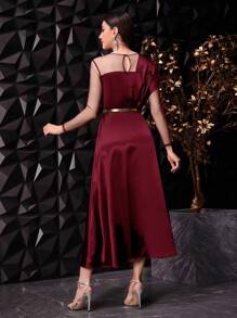 Modelyn Women's Shiny Rhinestone Mesh Splicing Satin Dress,Elegant Evening Party Maxi Dress - Burgundy - View 2