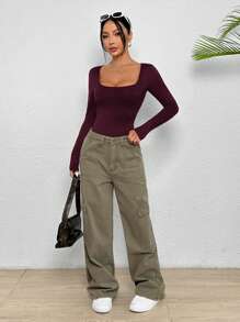 SHEIN PETITE Square Neck Slim Fit Long Sleeves Tee Bodysuit - Rose Red - View 5