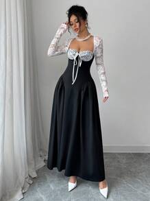 Chiquease Vestido largo de princesa con mangas largas de encaje blanco, tutú y escote sexy para fiesta de disfraces y celebraciones