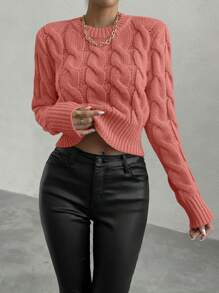 Chiquease Pulover de culoare solidă, modă minimalistă, ținută casual de zi cu zi, tricotat, pulover de toamnă și iarnă - Trandafir Ruginiu - Vizualizare 6