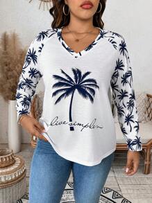 Breezaya Camiseta holgada de manga larga con estampado de palmeras y cuello en V para talla grande, vestido de enfriamiento, conjunto de alivio del estrés, vestido de noche, lencería elegante para mujer
