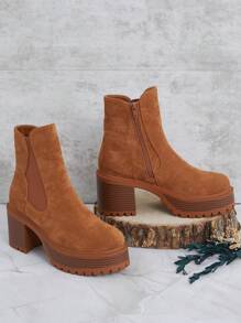 SHUZIA Women Shoes Round Toe Chunky Heel Platform Tan Chelsea Boots Women Ankle Boots And Short Boots New Year Holiday Valentine Gifts Summer Shoes Valentines