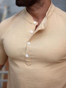 Manfinity Homme Men's Solid Color Front Button Short Sleeve Shirt And Shorts Casual Suit,Men's Henry Collar Solid Color Short Sleeve Shirt Shorts Suit Summer Casual