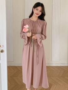 DAZY 情人节粉色腰部收紧宽松连衣裙，女士秋季服装，返校服装长袖连衣裙 - 粉色 - 查看 4