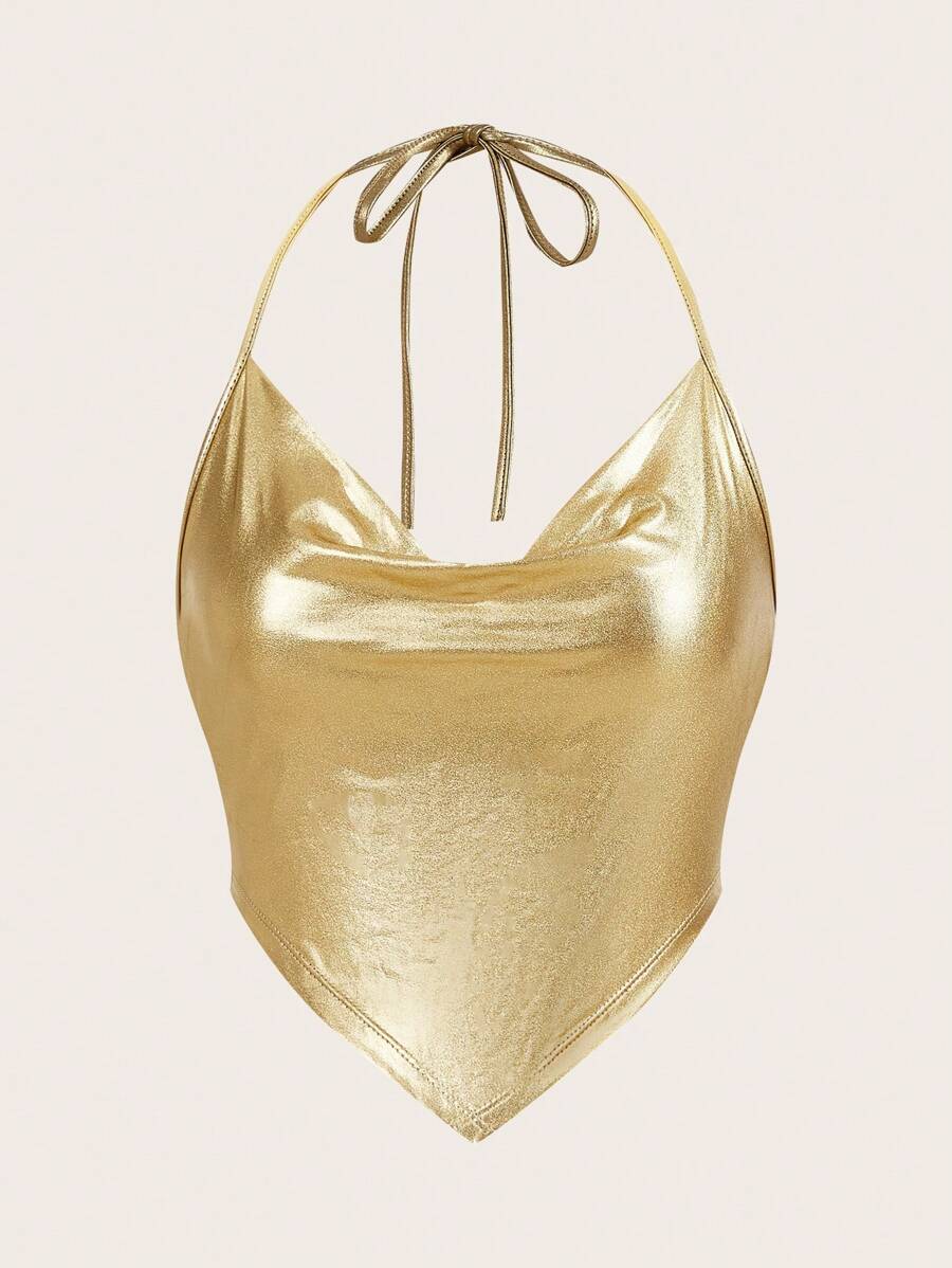 SHEIN ICON 女士纯色露背吊带背心，简约休闲日常穿着 - 金色 - 查看 1