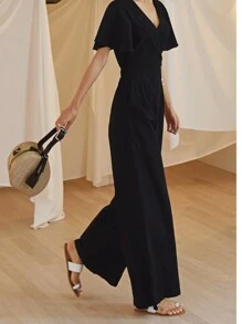 DAZY 女式 V 领收腰连体裤，休闲时尚，适合日常穿着 女式连体裤 - 黑色 - 查看 2