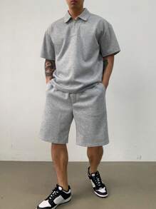 DAZY 2Pcs Men's Basic Solid Half-Zip Polo Shirt & Shorts Set, Summer - Grey - View 5