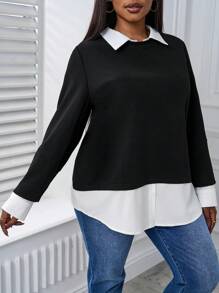 SHEIN PETITE CURVE Plus 2 In 1 Contrast Collar Sweatshirt - Black - View 4