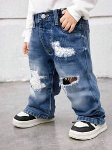 SHEIN Baby Boys' Medium Wash Distressed Patch & Embroidery Casual Denim Long Pants