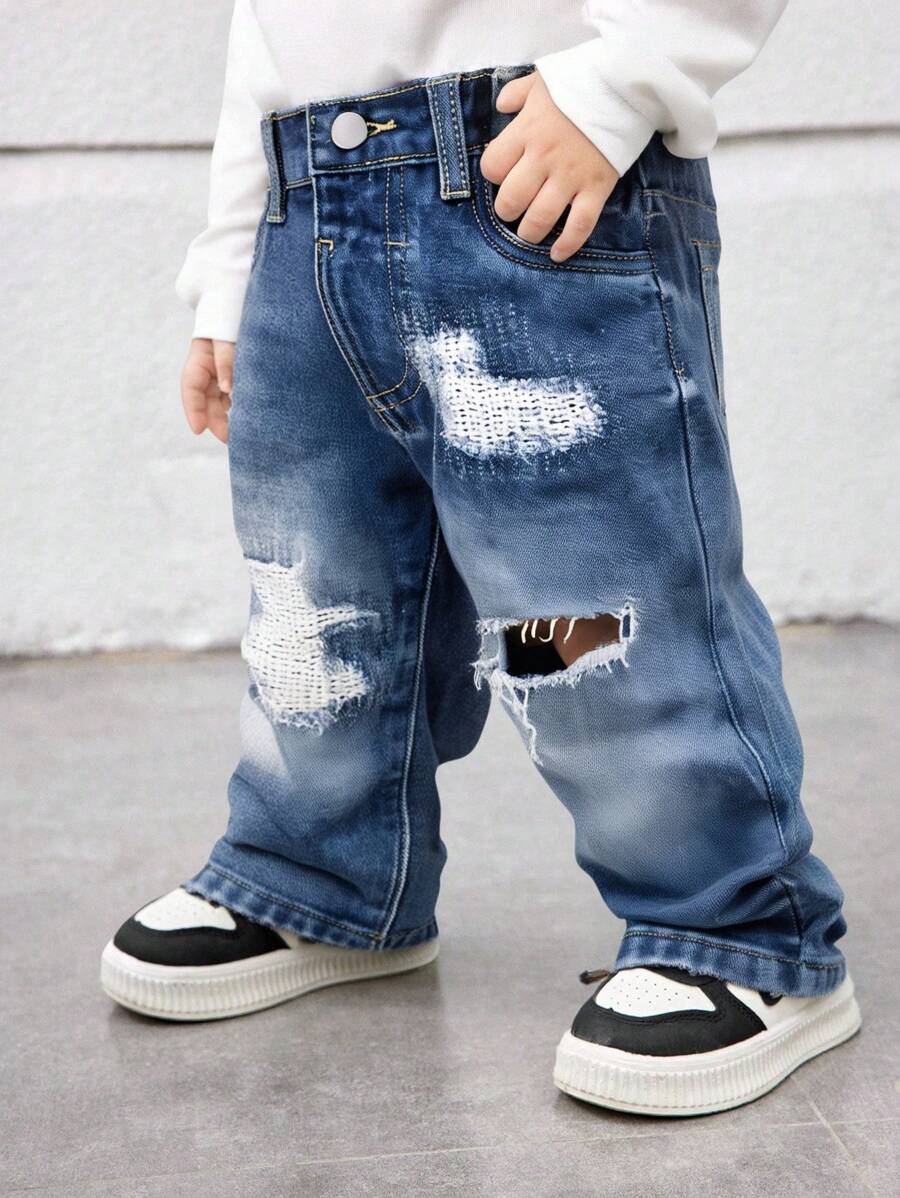 SHEIN Baby Boys' Medium Wash Distressed Patch & Embroidery Casual Denim Long Pants
