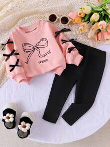 Elladie kids 2pcs/Set Baby Girls Casual Everyday Grey Long Sleeve Bow Print Sweatshirt And Knit Leggings Set, Cute & Fashionable For Autumn
