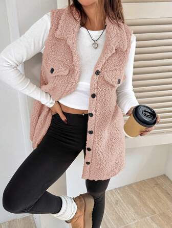 SHEIN EZwear Solid Button Front Casual Flap Detail Teddy Vest Coat In Fall/Winter