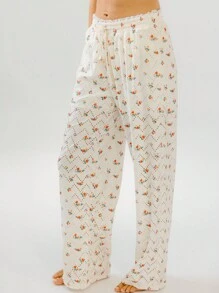 Aralina Floral Anglaise Print Wide-Leg Breezy Lounge Pants - Beige - View 4