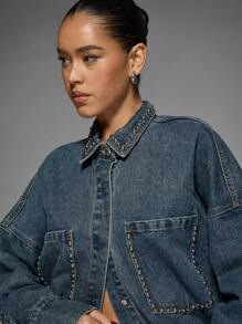 MISSGUIDED 优质铆钉牛仔卡车司机夹克超大复古外观精细缝线纽扣式摇滚明星秋冬街头风格 - 藍色 - 查看 6