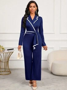 SHEIN Lady Bộ đồ liền thân cổ vest màu xanh nước biển, thiết kế viền tương phản, bộ đồ liền thân thẳng rộng rãi - Màu xanh hải quân - Xem 3