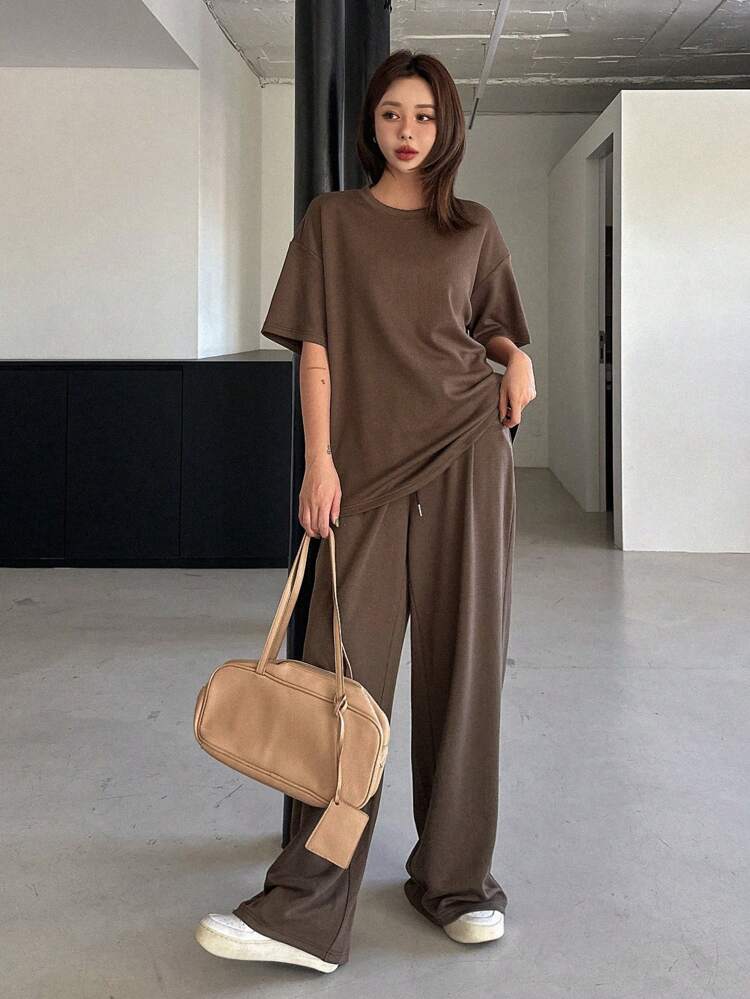 2pcs/Set Women Solid Color Round Neck Short Sleeve Top And Long Pants Summer