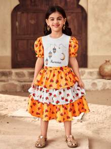 SHEIN DRMZ 2pcs/Set Young Girl Round Neck Puff Sleeve Top & Ditsy Floral Woven Skirt - Multicolor - View 4