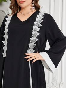 Al Najma Vestido de manga larga con cuello en V para mujer de talla grande, con dobladillo desgarrado y contraste de color