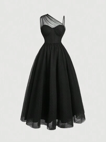 SHEIN MOD 大码纯色网眼拼接无袖荷叶边简约连衣裙