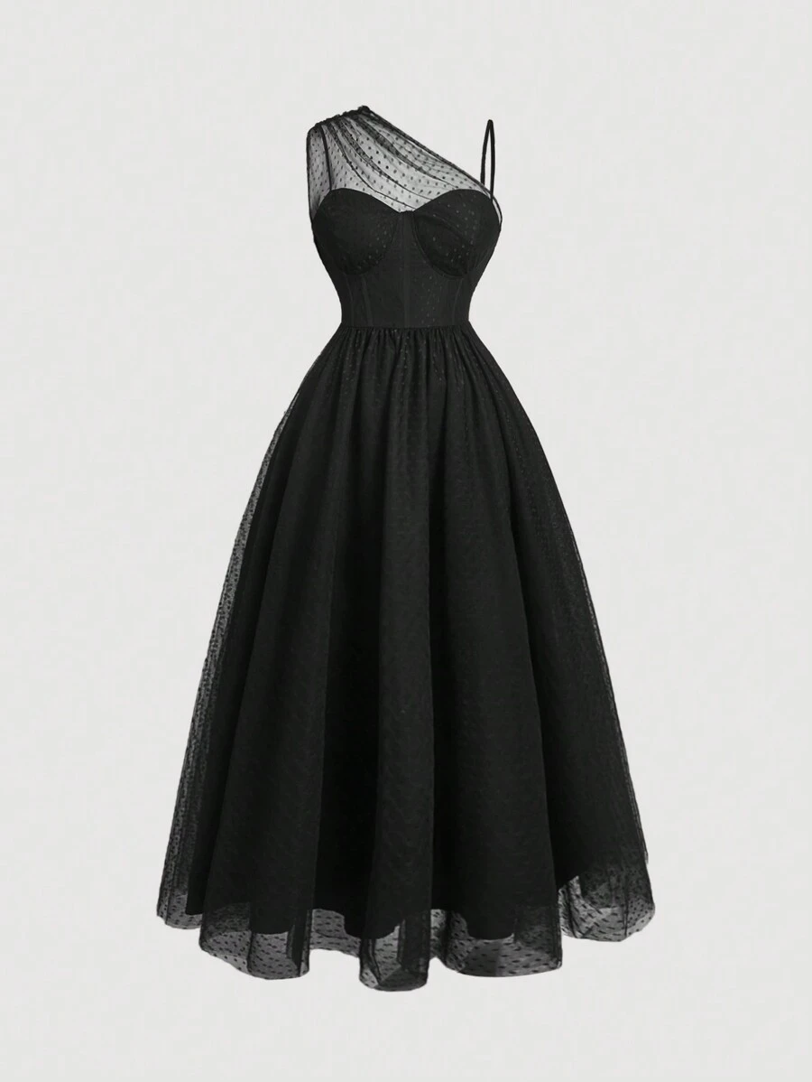 SHEIN MOD 大码纯色网眼拼接无袖荷叶边简约连衣裙 - 黑色 - 查看 1