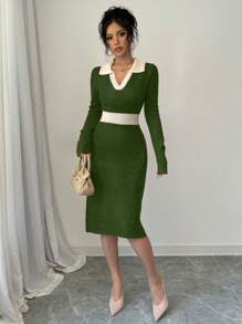 Chiquease Color Block Patchwork Slim Fit Sweater Dress, Casual Autumn/Winter For New Year Clothes