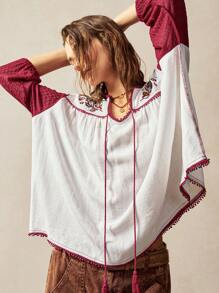 Bohemela Boho Tropical Vacation Woman Clothes Women Plain Color Patchwork Floral Embroidered Long Sleeve Casual Shirt