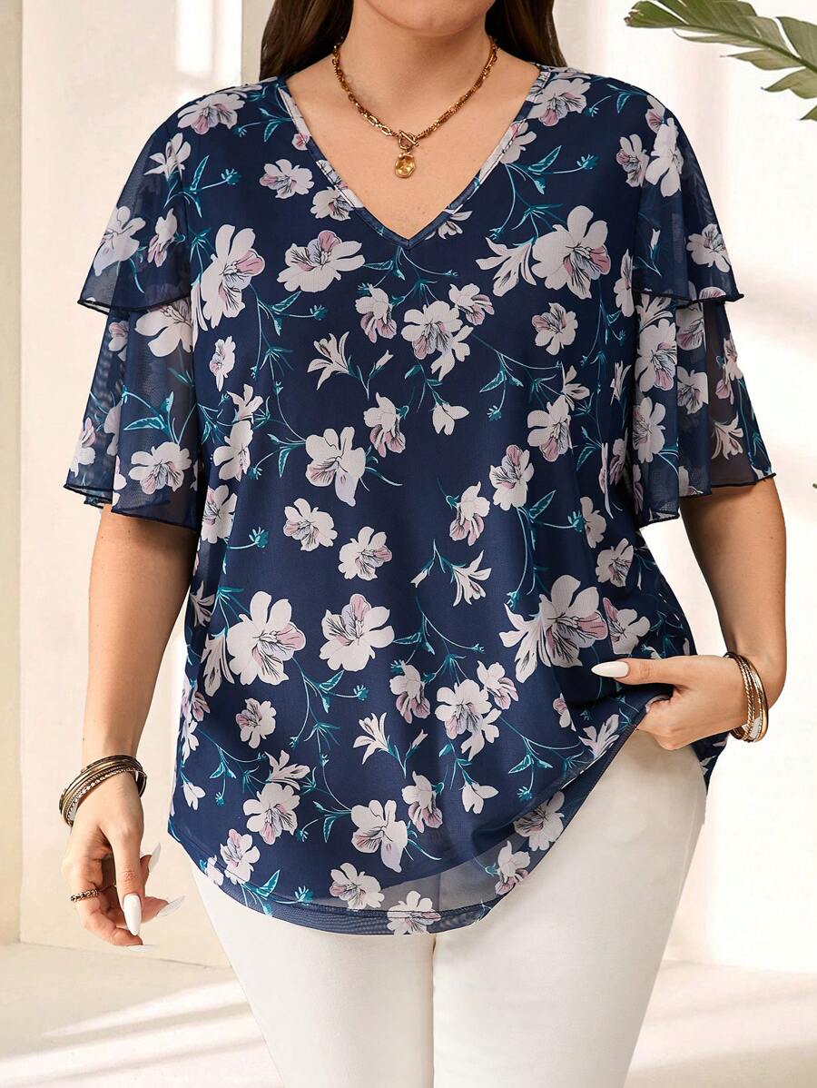 EMERY ROSE 大码女式碎花荷叶袖衬衫，夏季女装，花朵图案，度假风，春季 - 彩色 - 查看 1