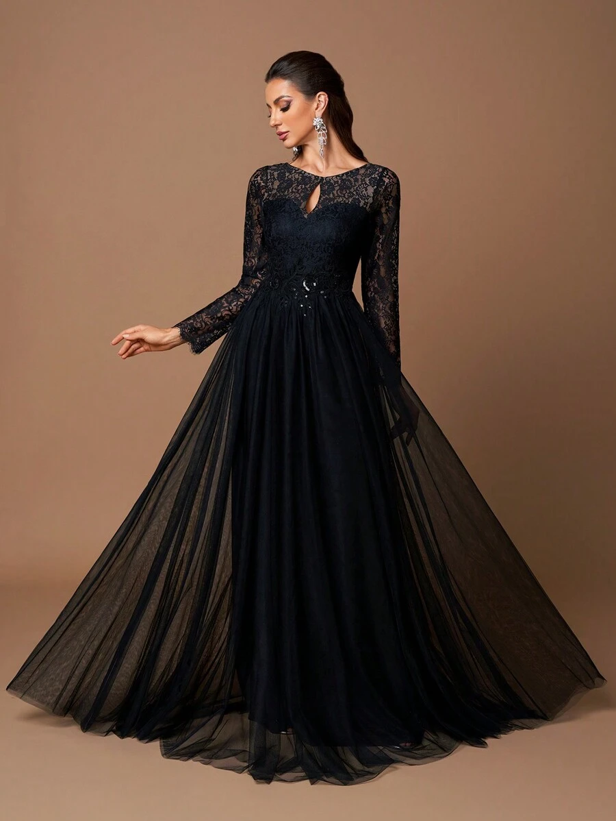 Lace Long Flowers Sleeve Gorgeous Wedding Mesh Wedding Dress White Elegant Long Sleeve Bridal Dress,Bride, All White Party Outfit Women - Black - View 1