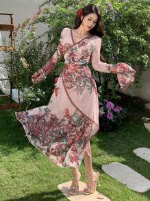 DAZY Women's Muses Print Cinched Waist Sundress, Bohemian Long Dress, Spring Vacation/Resort Wear Floral Boho - Red - View 1
