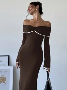 SHEIN Privé Vestidos de manga larga para mujer de talla grande, vestidos elegantes, vestidos hombros descubiertos, vestidos de cola de pez, vestido de Año Nuevo