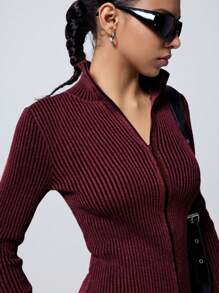 LYSMO Women V-Neck Solid Color Zip-Up Cardigan Sweater - Burgundy - View 6