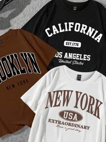 SHEIN EZwear Set de 3 camisetas de manga corta con estampado de texto en inglés de ajuste holgado y cuello redondo, adecuado para el verano - Multicolor - Ver 4
