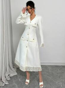 SHEIN Unity 女士纯色 V 领长袖单排扣优雅流苏宫廷长款开衫 - 米色 - 查看 6