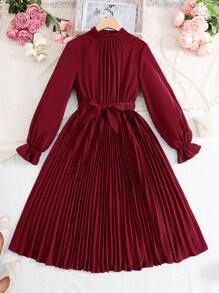 SHEIN Leap Crew 优雅纯色长袖腰部收褶连衣裙，适合青少年女孩的节日、派对和街头装，秋季 - 酒紅色 - 查看 5