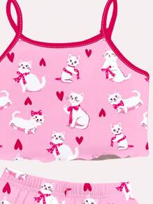 Cute Cat & Heart Print, Casual Slim Fit Pink Camisole Top And Shorts Pajama Set For Tween Girls, Suitable For Summer
