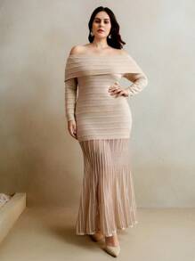 Anewsta Plus Size Elegant Off Shoulder Semi-Sheer Fishtail Dress - Cream - View 4