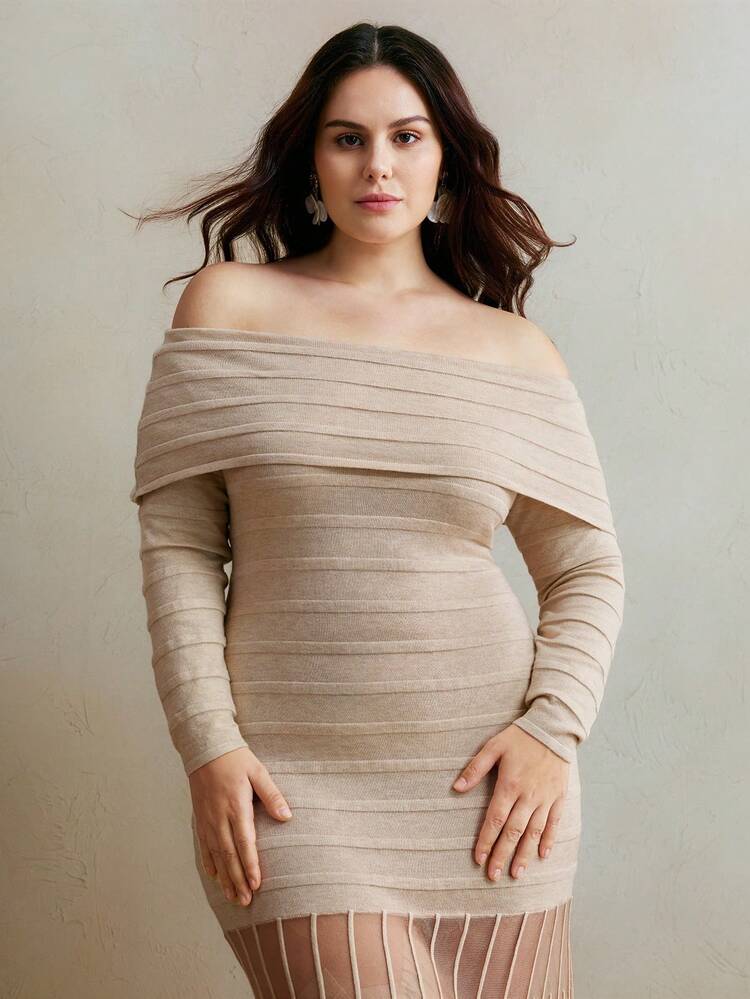 Plus Size Elegant Off Shoulder Semi-Sheer Fishtail Dress